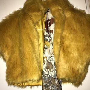 Mustard Faux Fur Crop Jacket with Colorful Scarf